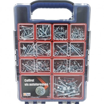 Coffret de 755 vis autoforeuses (autoperceuses) têtes Cylindrique, Fraisée et Hexagonale Zingué